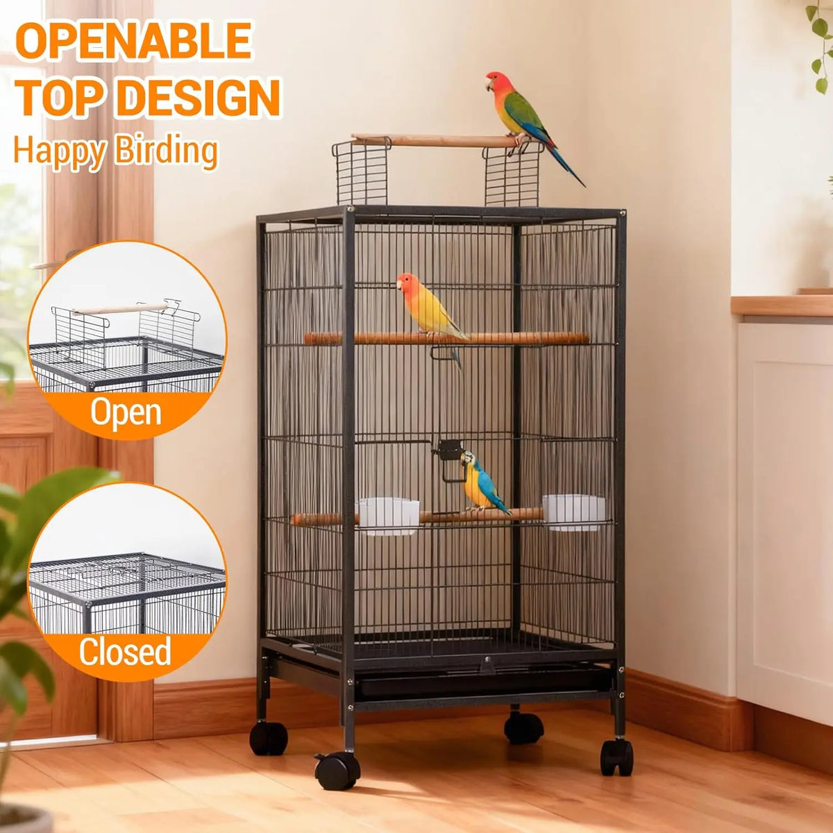 HiMiss Open Top Bird Cage With Rolling Stand Base Tray