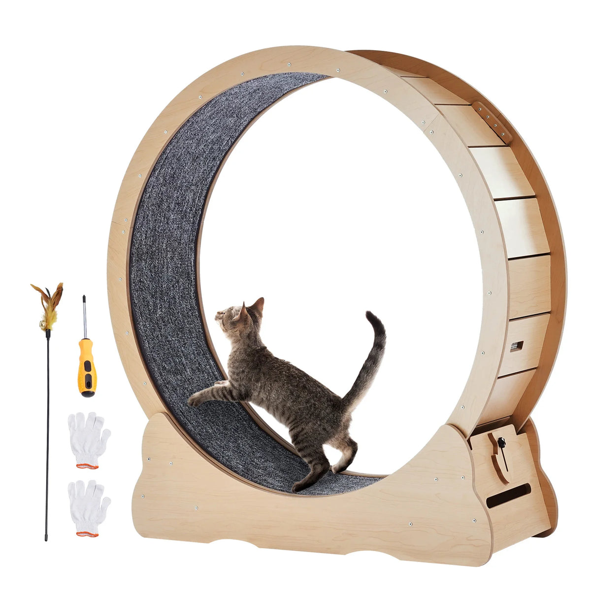 SucceBuy Wooden Cat Exercise Wheel With Carpet Treadmill