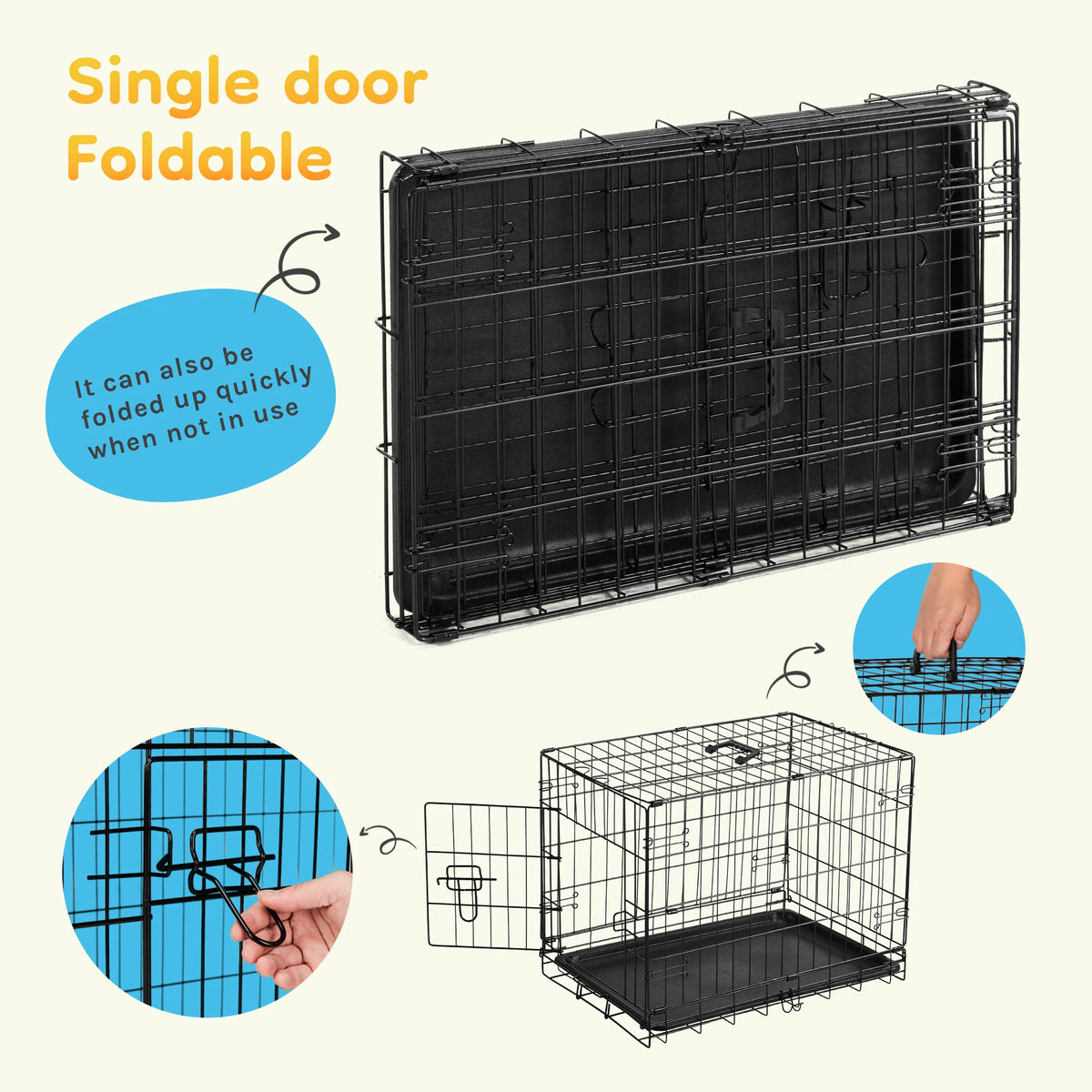 JHK Single Door Folding Metal Dog Kennel Leak Proof Tray