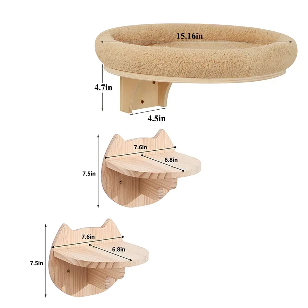 CWV Wall Mounted Wooden Cat Climbing Ladder With Hammock Perch