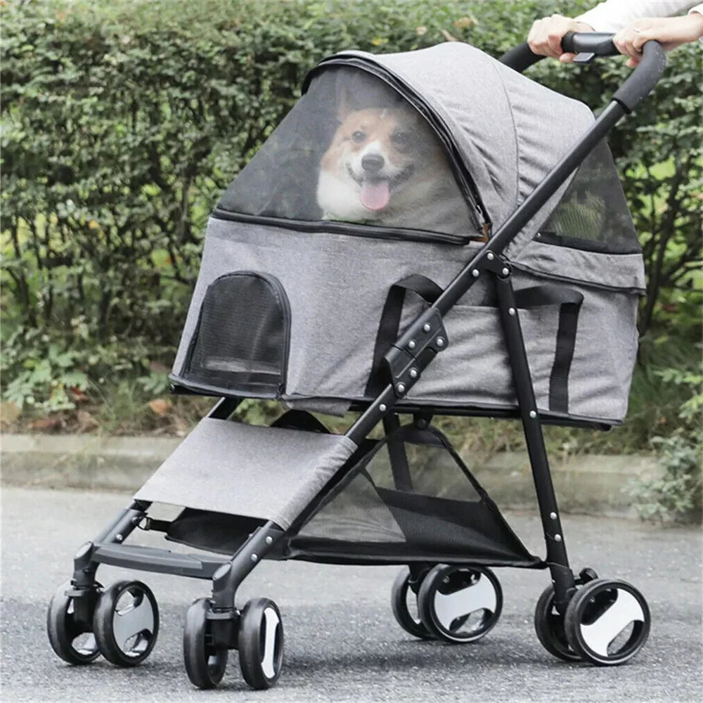 Foldable Pet Dog Stroller With Detachable Carrier And Rain Cover