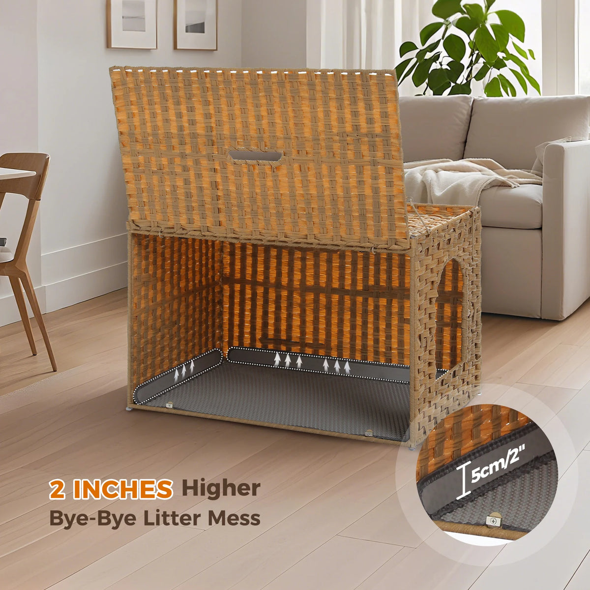 Pequlti Rattan Cat Litter Box Enclosure With Flip Up Cover
