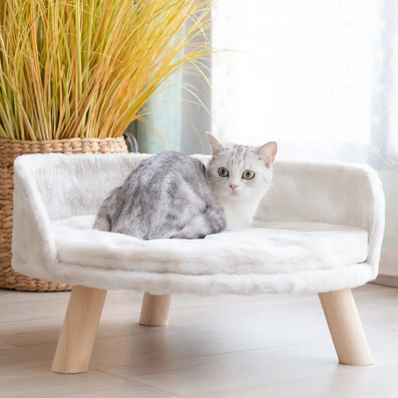 Luxury Plush Cat Bed With Washable Cushion And Wood Legs