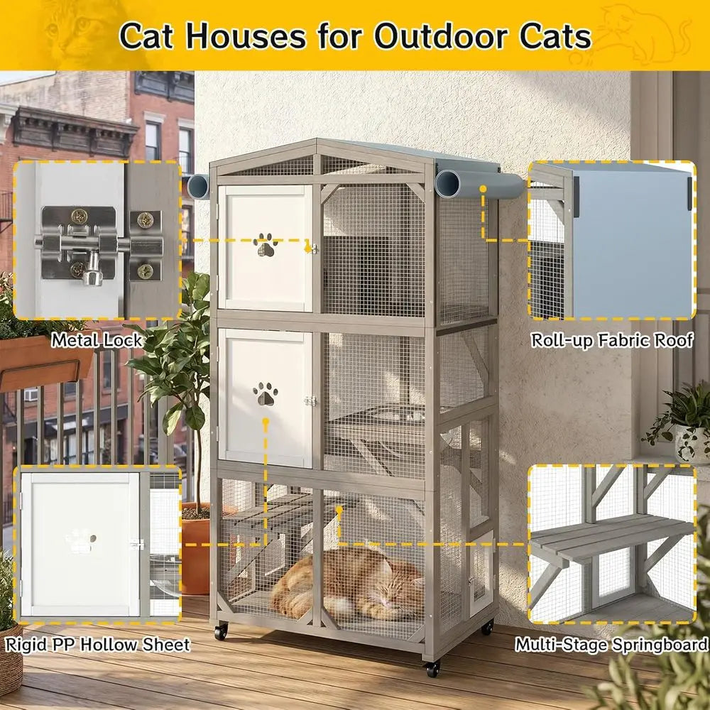 Weatherproof Five Tier Catio With Acrylic Windows And Rolling Casters